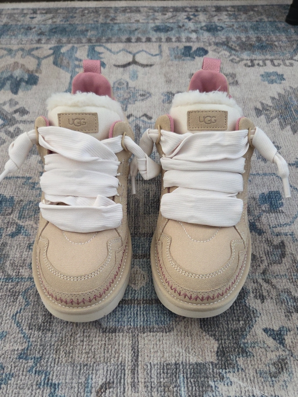 UGG Women's Tan Sneakers with Pink Trim and White Laces